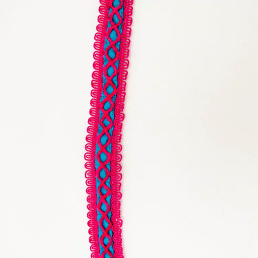 Blue Cotton Fabric Lace Trim with Dark Pink Thread Embroidery, Trim By 3 Yards, Craft Decorative Ribbon